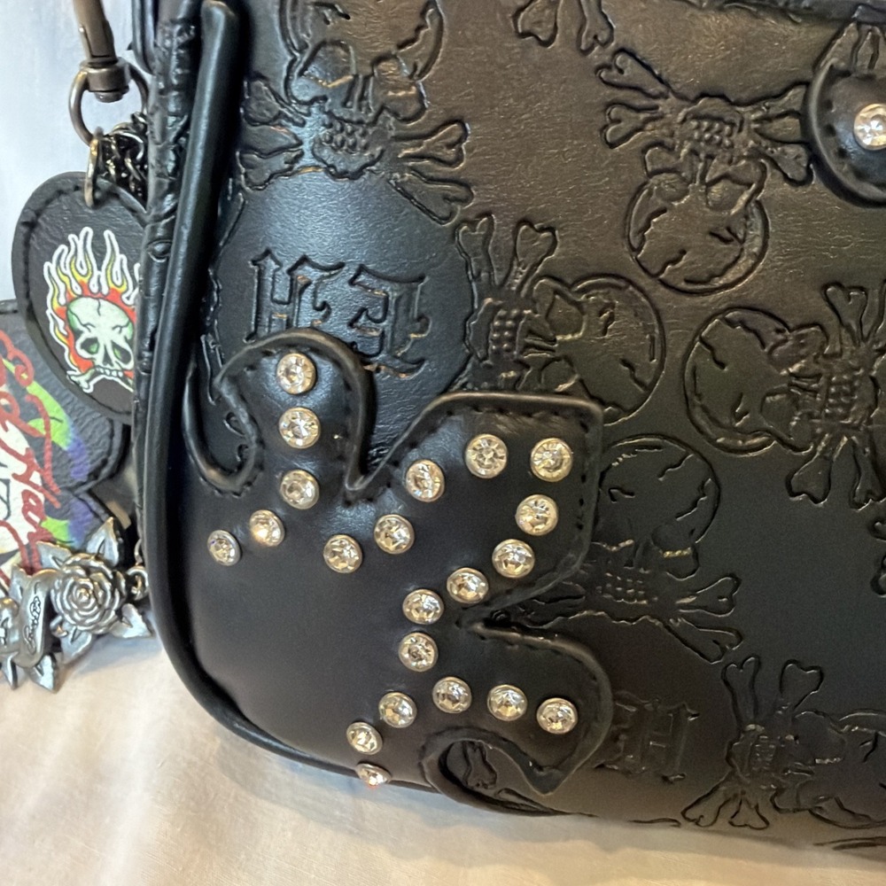 Ed Hardy Black Rhinestone Mini Purse Crossbody Shoulder Bag with Charms - Picture 7 of 16